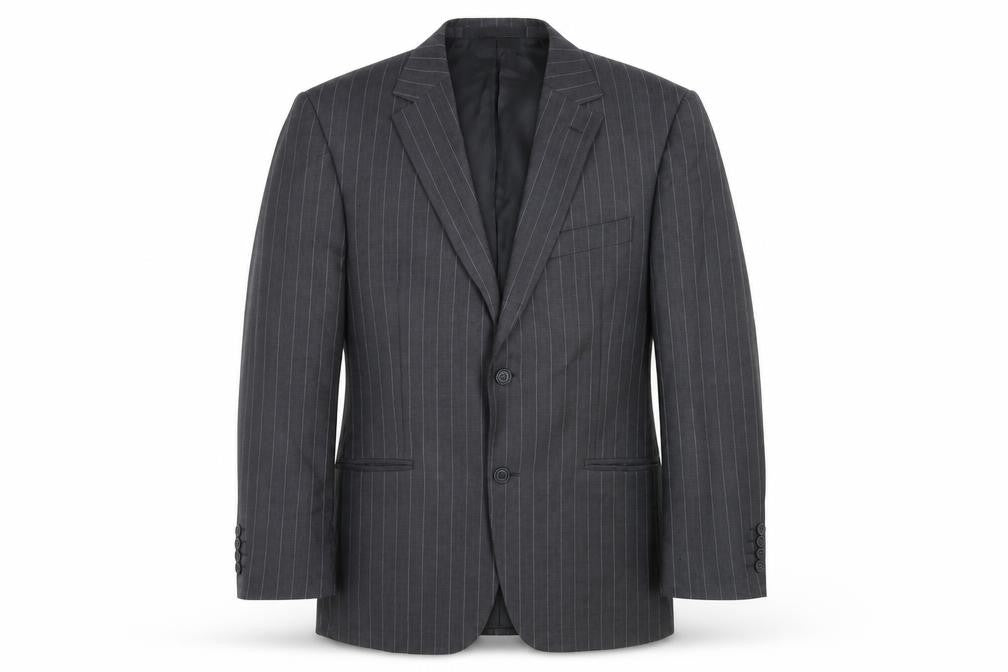 Front view of Marks & Spencer men’s grey striped wool jacket suit jacket, size 40, regular