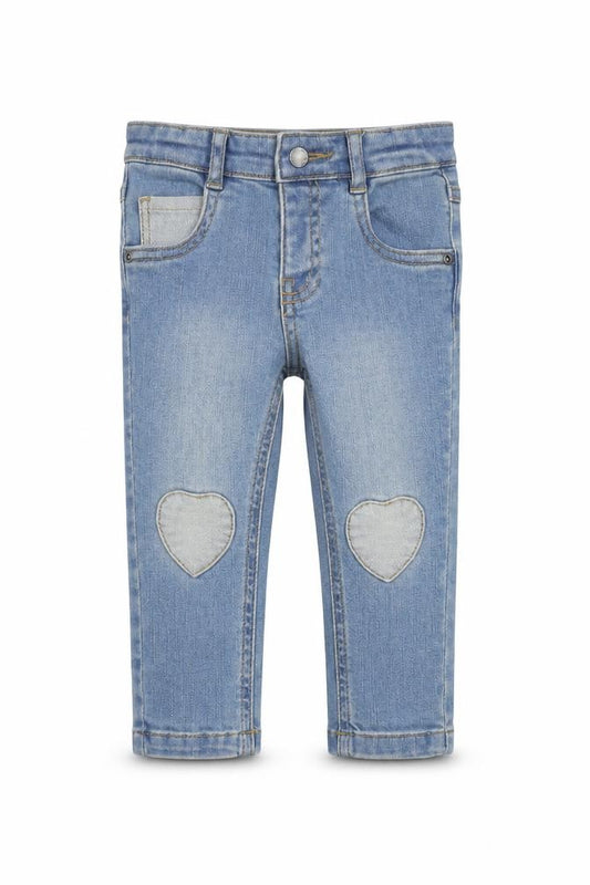 Front view of Vertbaudet Baby Blue Cotton Jogger Jeans, size 12, Months L50 cm Button - Heart Patches
