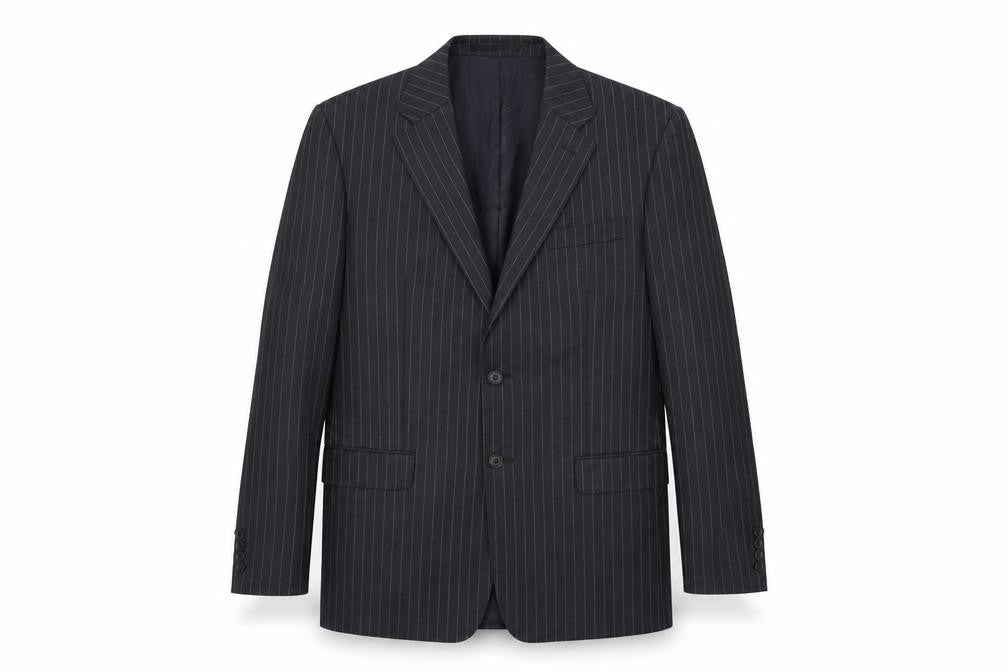 Front view of Preworn men’s black striped viscose jacket suit jacket, size 40, regular