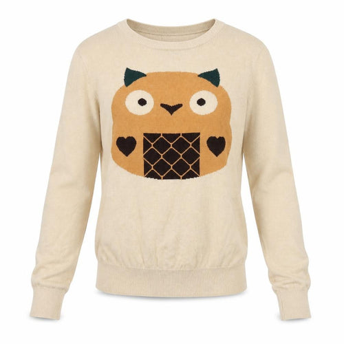 Glamorous Womens Beige Boat Neck 100% Cotton Pullover Jumper Size 6 - Owl