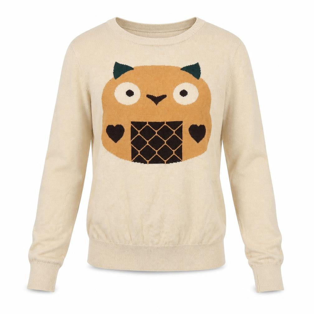 Glamorous Womens Beige Boat Neck 100% Cotton Pullover Jumper Size 6 - Owl