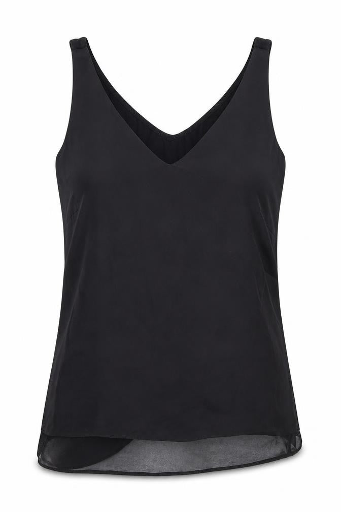 Front view of Warehouse women’s black polyester basic tank, size UK 6, v-neck