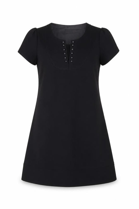 Front view of Miss Selfridge women’s black polyester a-line, size UK 12, round neck hook & eye
