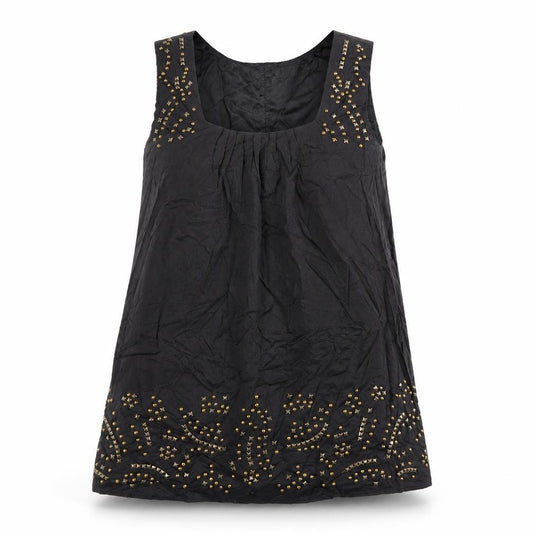 Front view of PLANET women’s black polyester basic tank, size UK 10, square neck