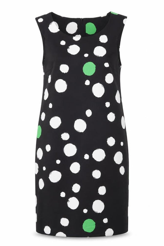 Front view of Penny Black women’s black polka dot polyester a-line, size UK 12, round neck zip