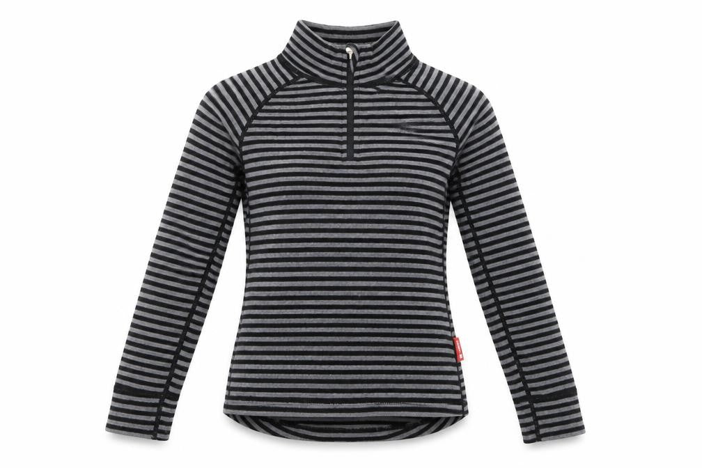 Front view of Rema women’s black striped wool pullover sweatshirt, size XS, zip