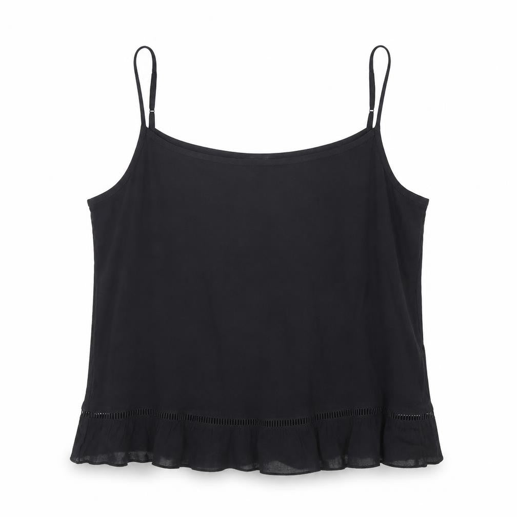 Front view of Divided women’s black polyester camisole tank, size UK 14, square neck