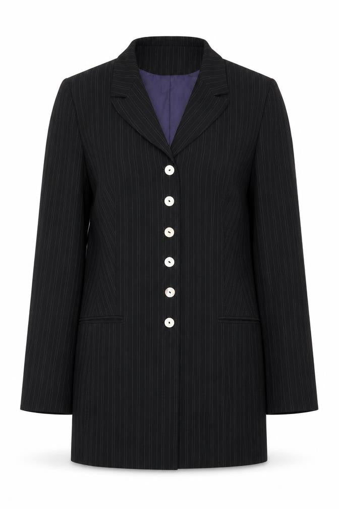 Front view of Kaliko women’s black striped jacket blazer, size UK 12, button