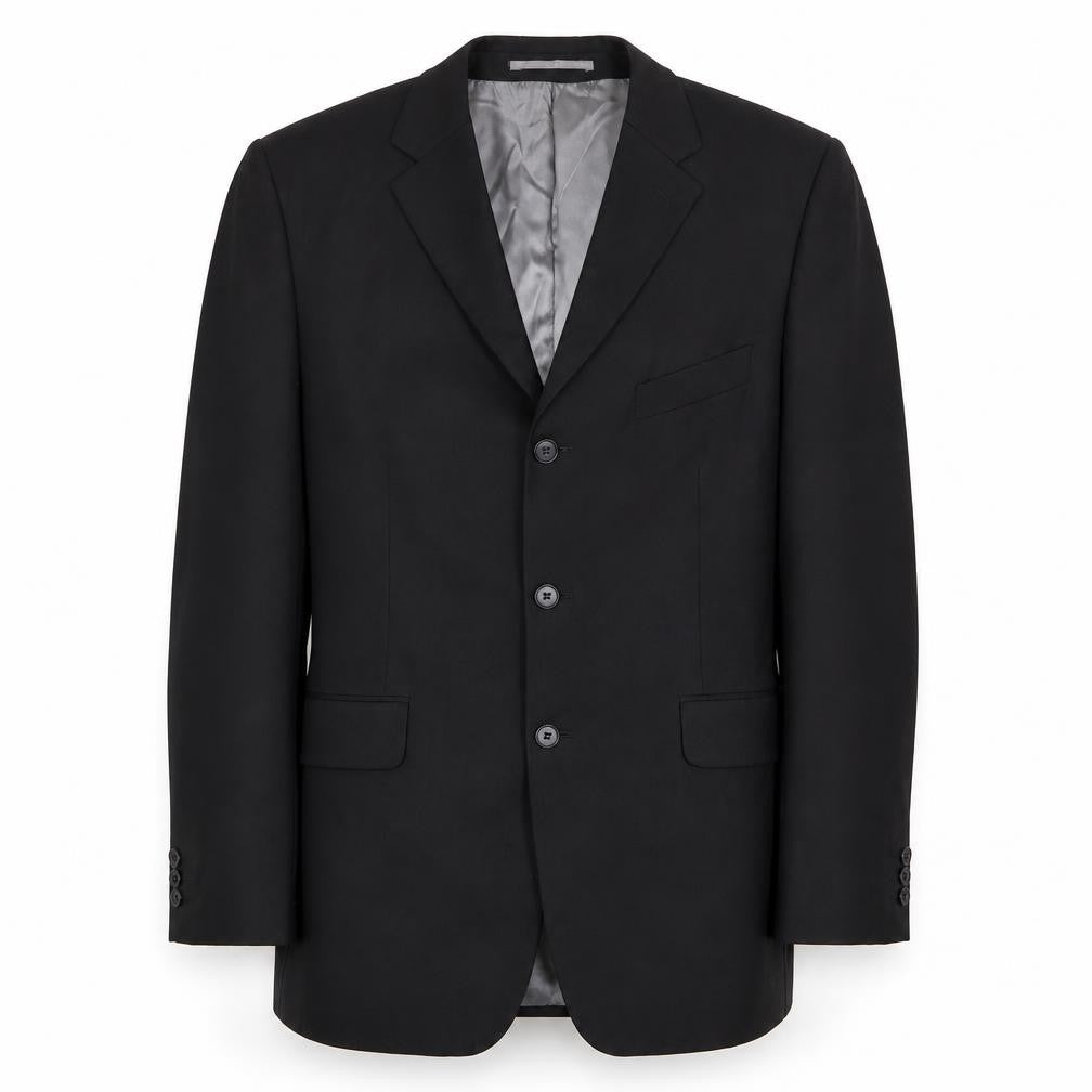 Front view of Karl Jackson men’s black polyester jacket suit jacket, size 40, regular
