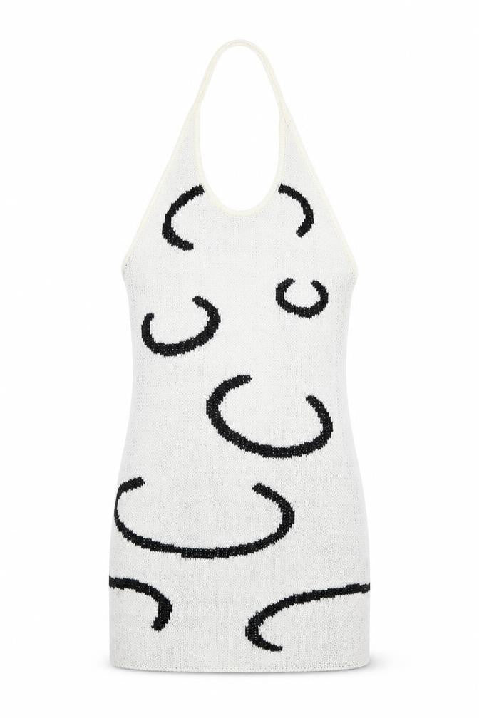 Front view of SHEIN women’s white geometric acrylic mini, size S, halter pullover