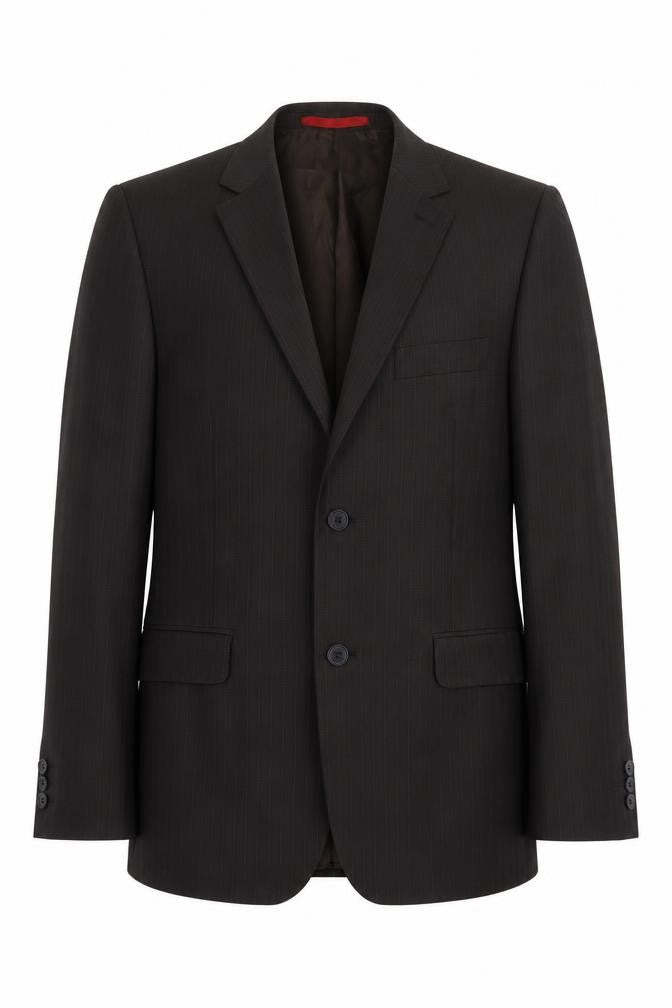 Front view of Burton men’s brown striped polyester jacket suit jacket, size 38, regular