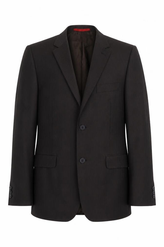 Front view of Burton men’s brown striped polyester jacket suit jacket, size 38, regular