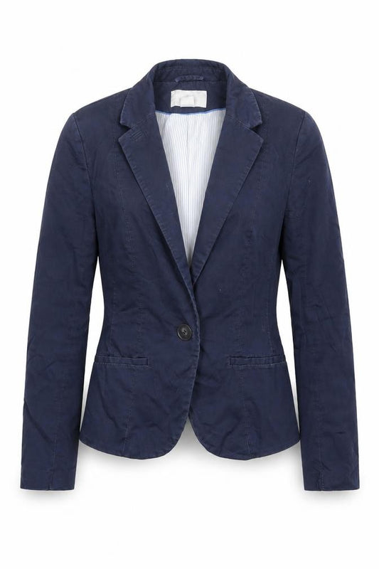 Front view of H&M women’s blue jacket blazer, size UK 6, button