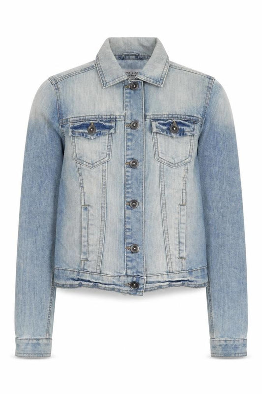 Front view of New Look women’s blue jacket, size UK 8, button