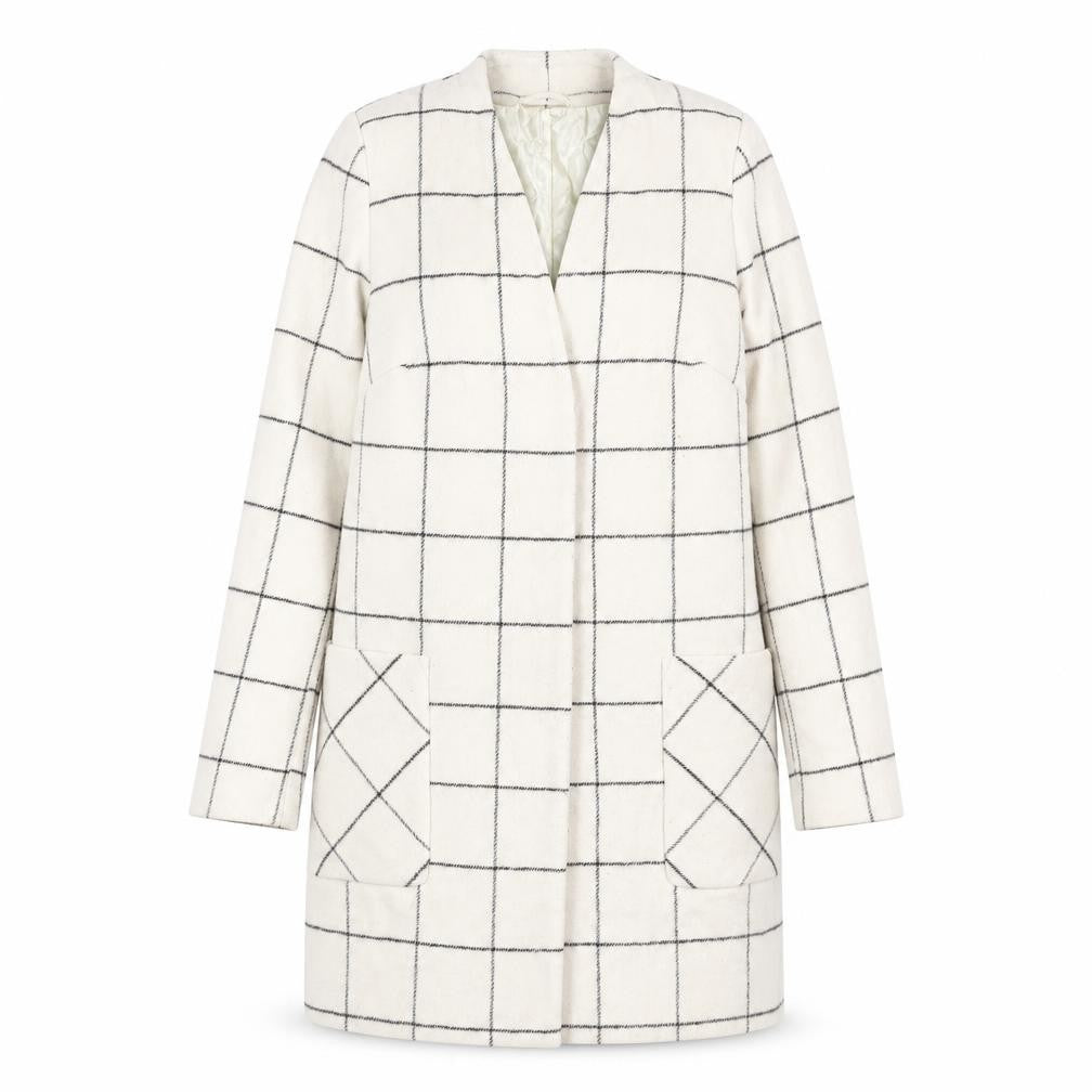 Front view of Marks & Spencer women’s ivory check overcoat coat, size UK 8, button