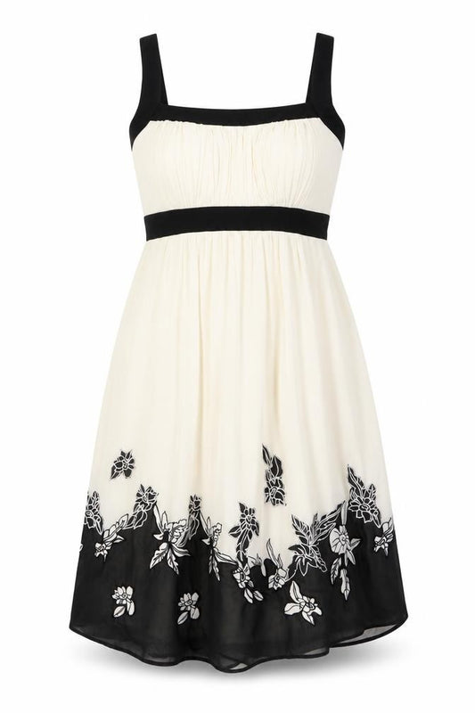 Front view of S.L. Fashions women’s ivory floral polyester fit & flare, size UK 6, square neck zip