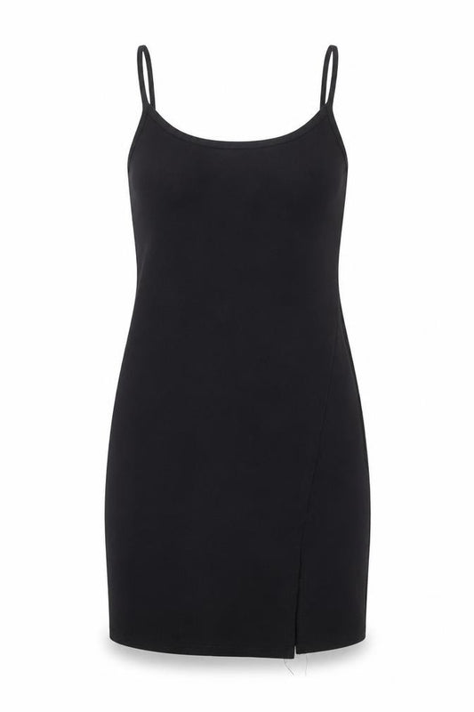Front view of PRETTYLITTLETHING women’s black polyester slip dress, size UK 10, scoop neck pullover