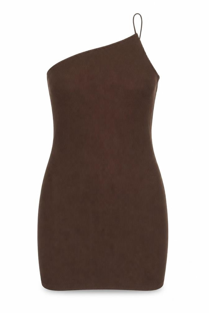 Front view of Divided by H&M women’s brown polyester bodycon, size M, one shoulder pullover