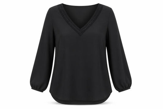 Front view of Wallis women’s black polyester basic blouse, size UK 12, v-neck - lace trim