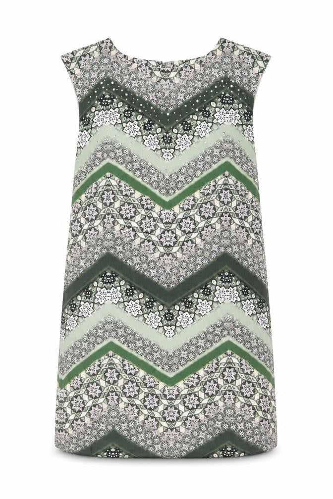 Front view of Wallis women’s green geometric viscose shift, size UK 8, boat neck button