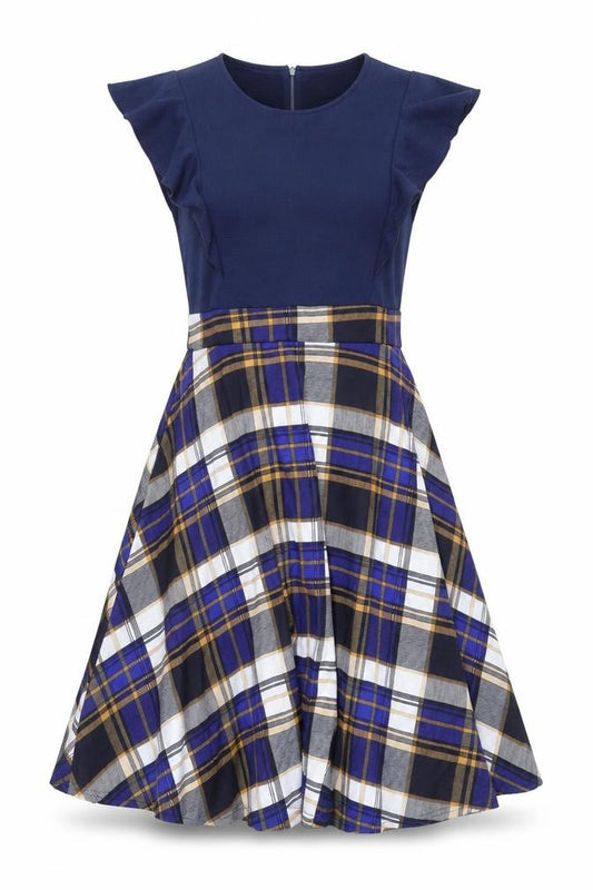 Front view of iHot women’s blue plaid polyester fit & flare, size 2XL, scoop neck zip