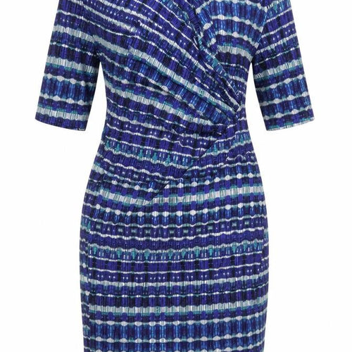 Per Una Womens Blue Geometric Viscose Pencil Dress Size 12 V-Neck Pullover - Side Ruched