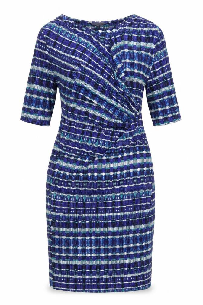 Per Una Womens Blue Geometric Viscose Pencil Dress Size 12 V-Neck Pullover - Side Ruched