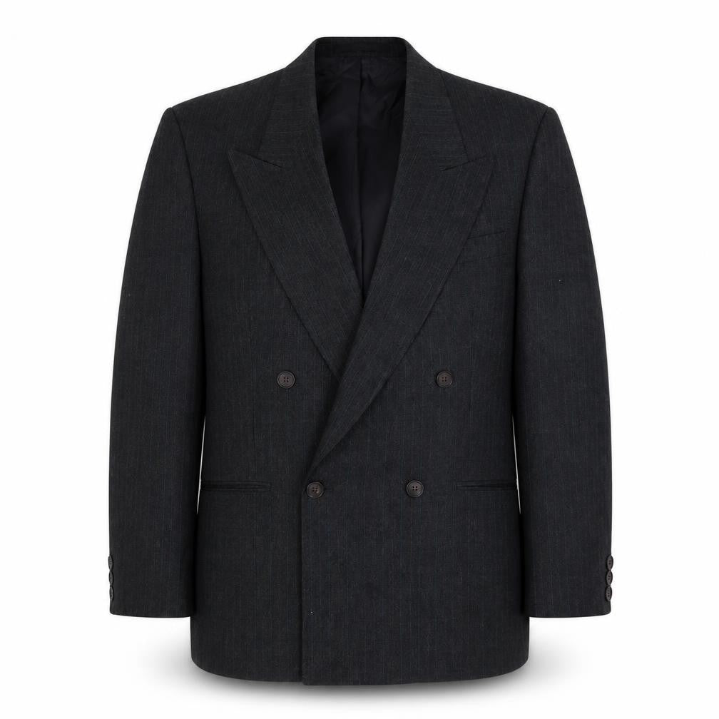 Front view of Marks & Spencer men’s grey striped polyester jacket suit jacket, size L, regular