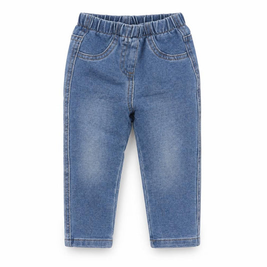Front view of Matalan girls’ blue cotton jogger jeans, size 9-12, months l50 cm pullover