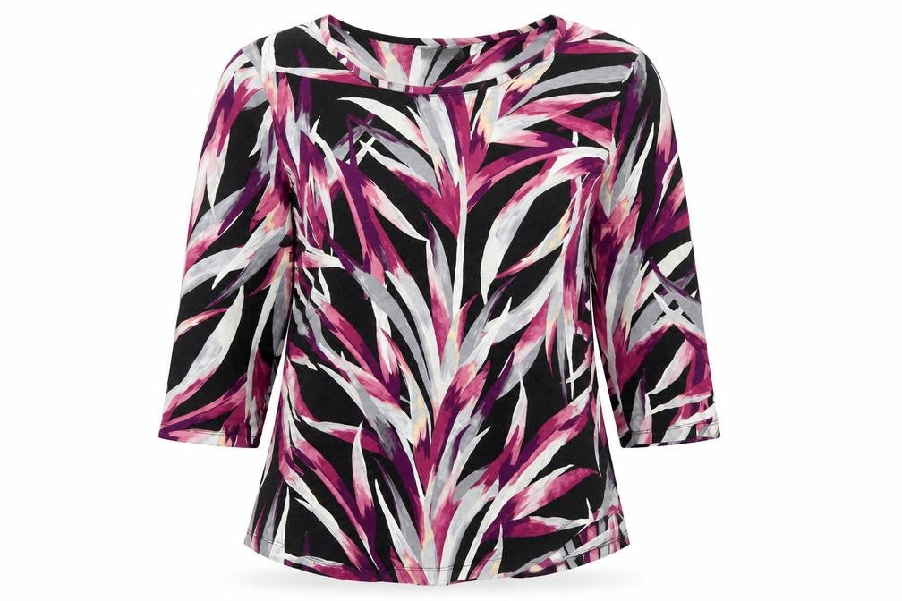 Front view of JM Collection women’s purple geometric viscose basic blouse, size L, round neck