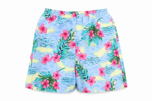 Front view of Susan Graver women’s blue floral polyester bermuda shorts, size S, regular pull on