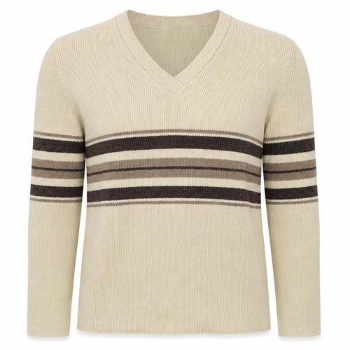 Pure & Natural Womens Beige V-Neck Striped Acrylic Pullover Jumper Size S