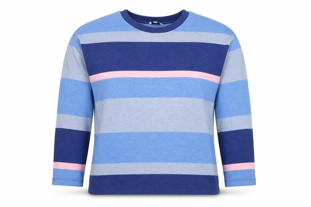 Front view of Next women’s blue round neck striped polyester jumper, size M
