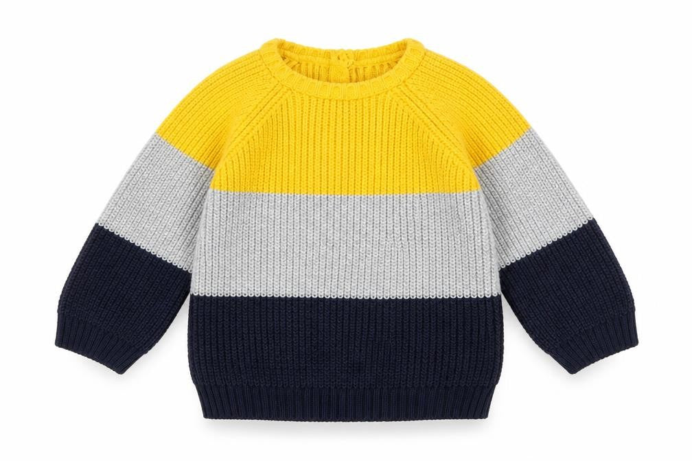 Front view of Kueza boys’ multicoloured colourblock acrylic jumper, size 9-12, months button