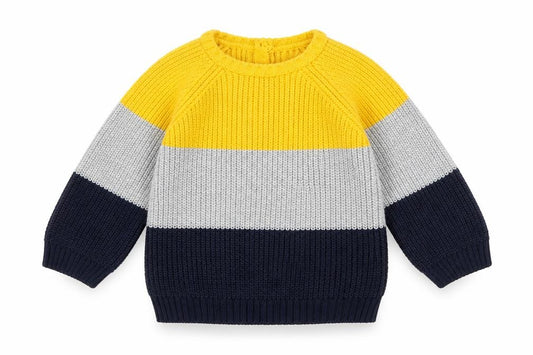 Front view of Kueza boys’ multicoloured colourblock acrylic jumper, size 9-12, months button