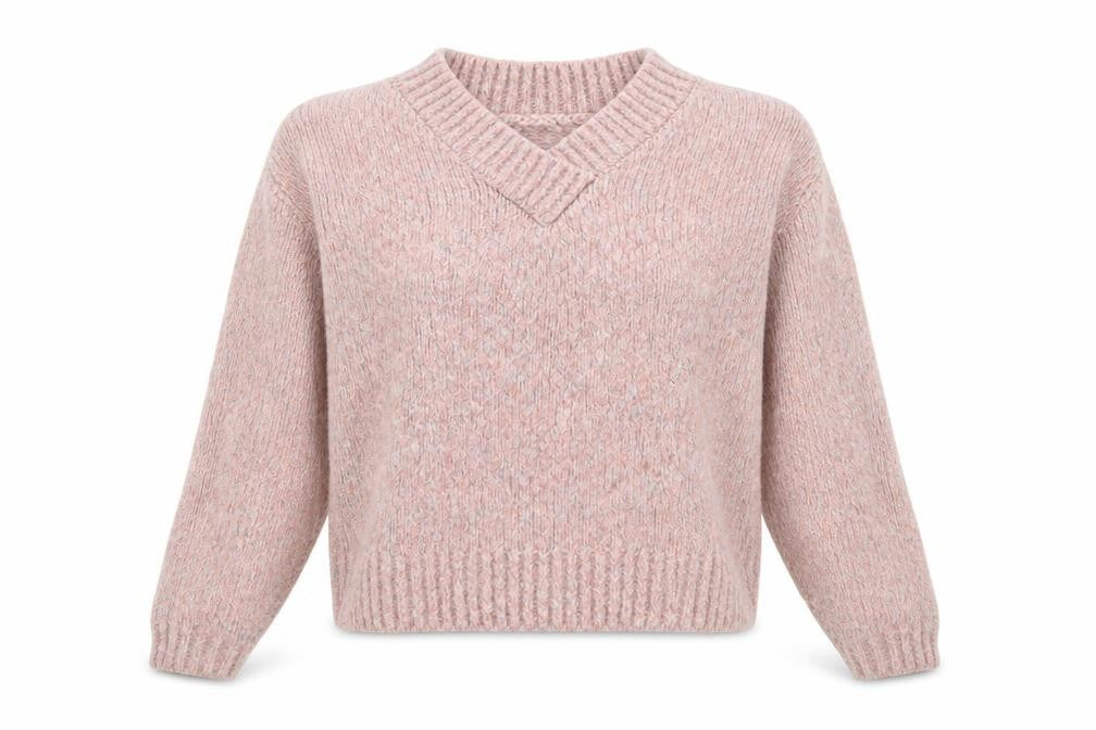 Front view of Tu women’s pink v-neck acrylic jumper, size S