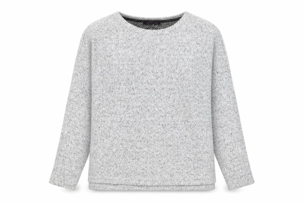Front view of Marks & Spencer women’s grey round neck polyester jumper, size UK 14