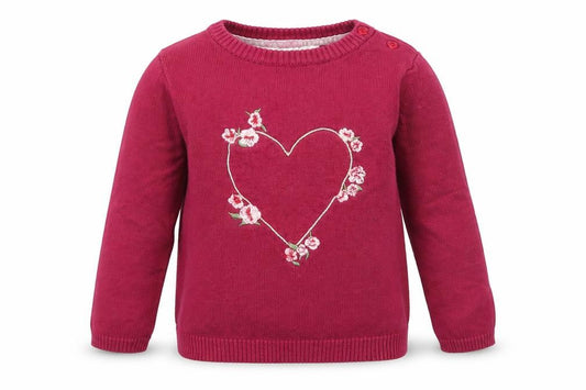 Front view of Young Dimension girls’ purple cotton jumper, size 24, months button - heart