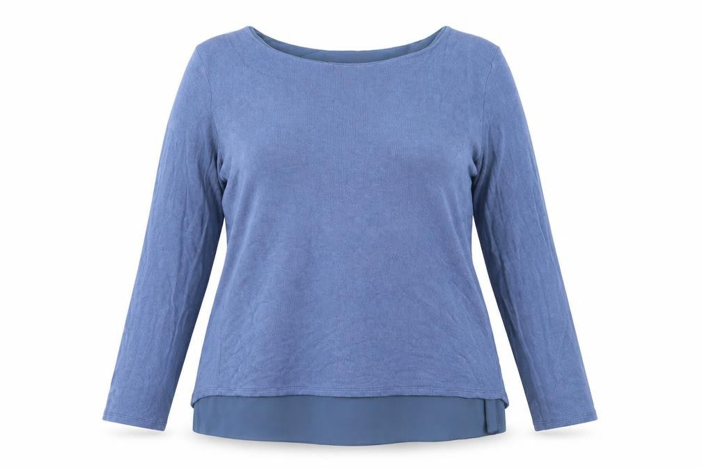 Front view of Simply Stock Shop women’s blue viscose basic blouse one size round neck