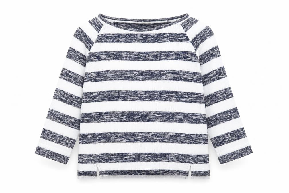 Front view of Oasis women’s blue round neck striped polyester jumper, size M