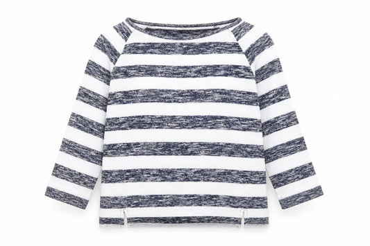 Front view of Oasis women’s blue round neck striped polyester jumper, size M