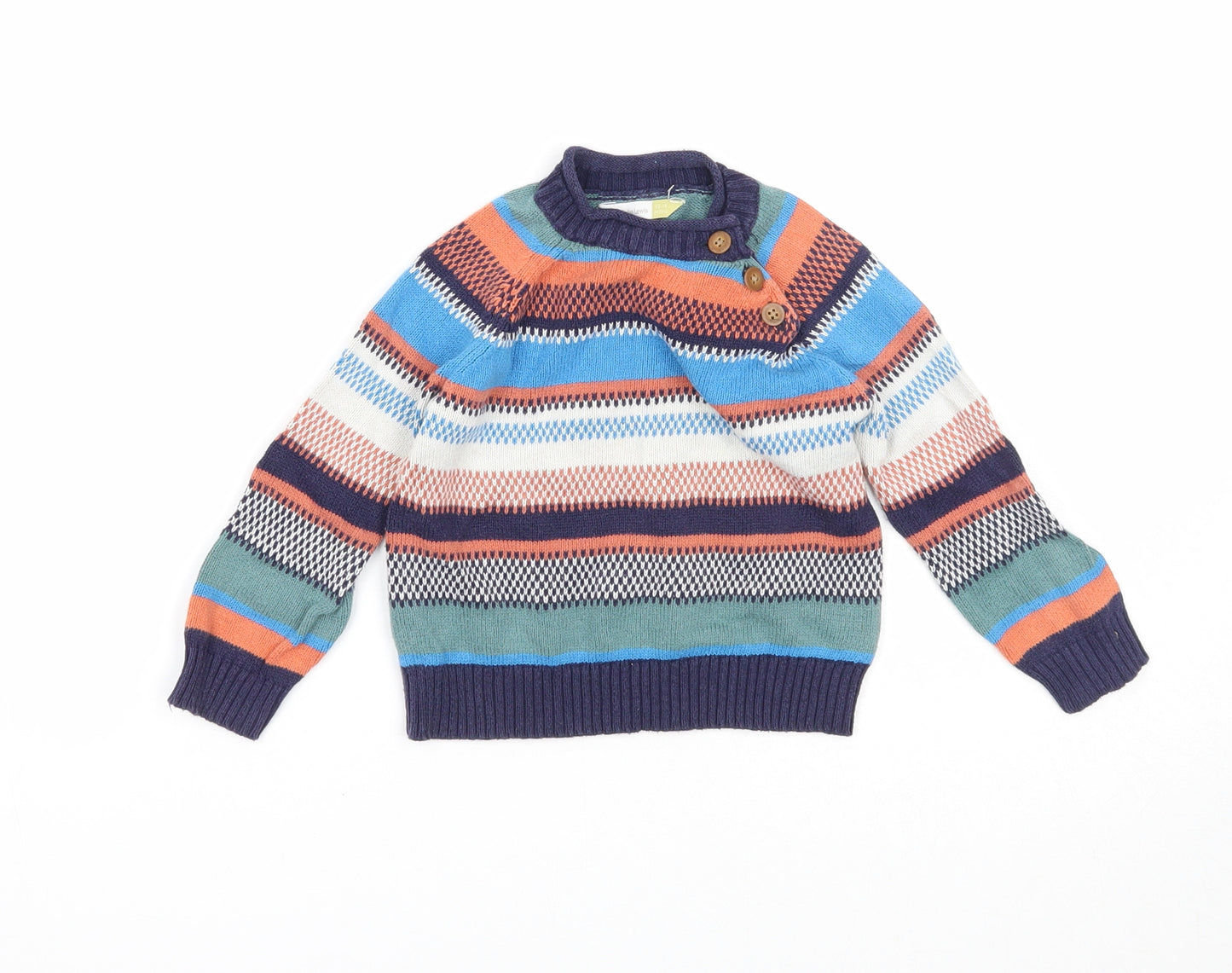 John Lewis Boys Multicoloured Striped Cotton Pullover Jumper Size 12-18 Months Button