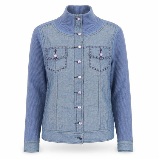 Front view of Elegance Fashion women’s blue cotton jacket, size UK 14, snap