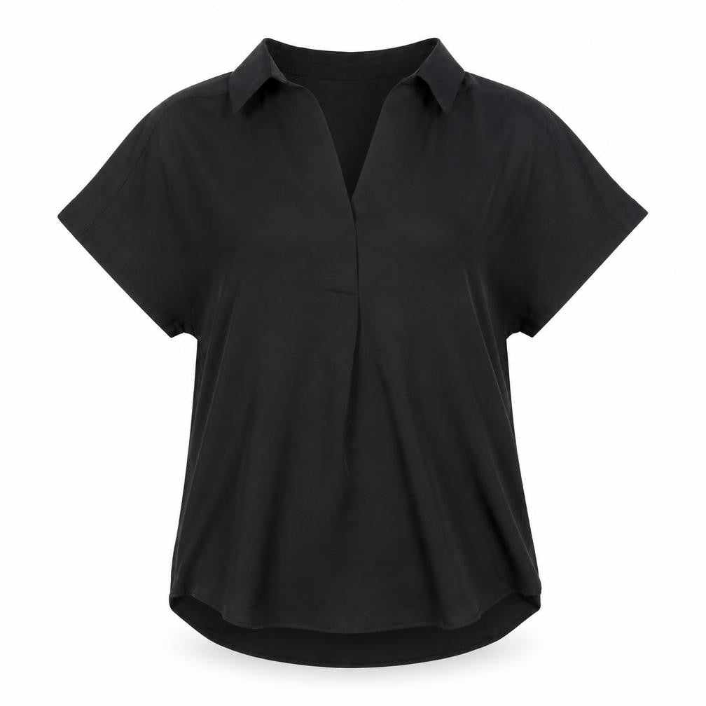 Front view of Marks & Spencer women’s black polyester tunic blouse, size UK 6, collared