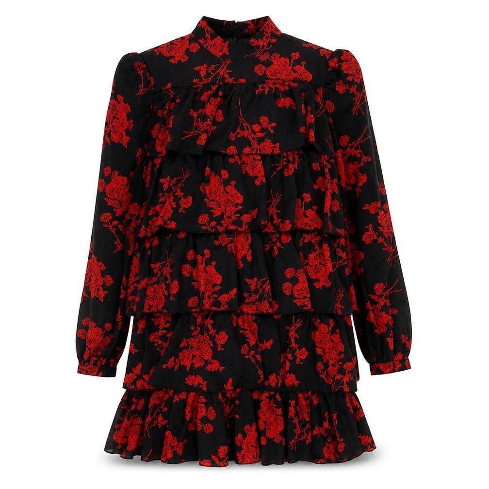 Front view of Missguided women’s black floral polyester mini, size UK 8, mock neck button