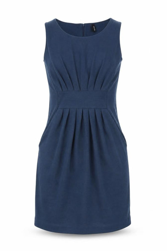 Front view of Vero Moda women’s blue polyester shift, size S, boat neck zip - front pleat detail