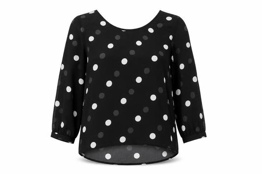 Front view of H&M women’s black polka dot polyester basic blouse, size UK 8, scoop neck