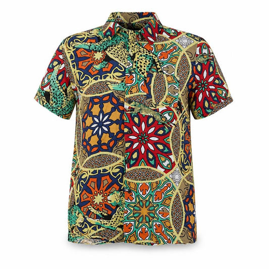 Front view of Reason women’s multicoloured geometric viscose basic button-up, size M, collared