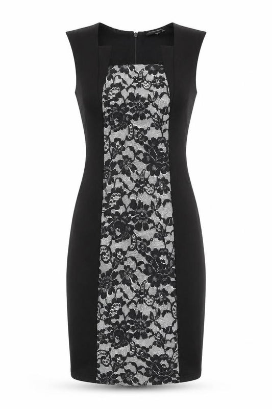 Front view of New Look women’s black floral polyester a-line, size UK 8, square neck zip