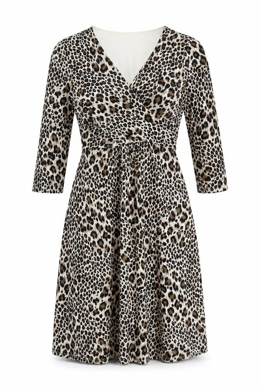 Front view of Julian McDonald women’s beige animal print polyester fit & flare, size UK 12, v-neck pullover